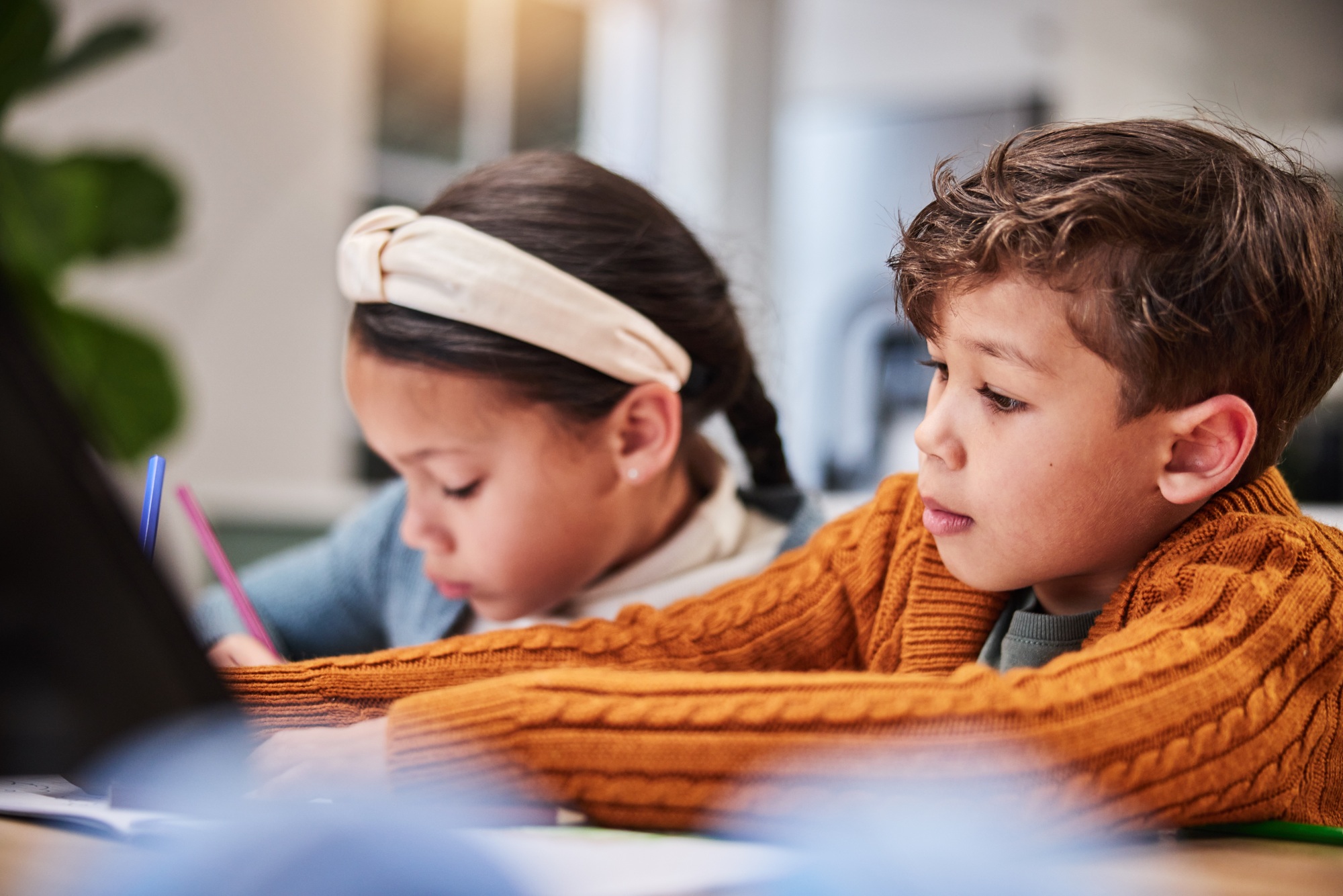 Education, writing book and children with homework for language development, english revision and s